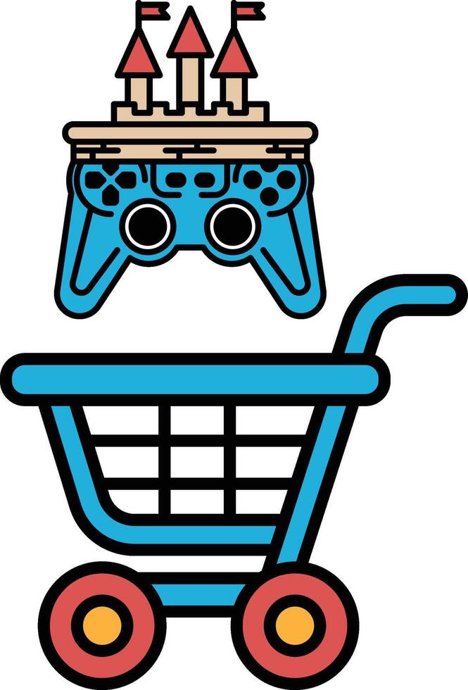 A blue shopping cart with a toy controller on top of it vector