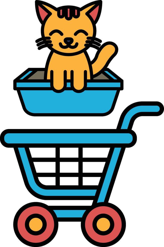 A cartoon cat is sitting in a blue shopping cart vector