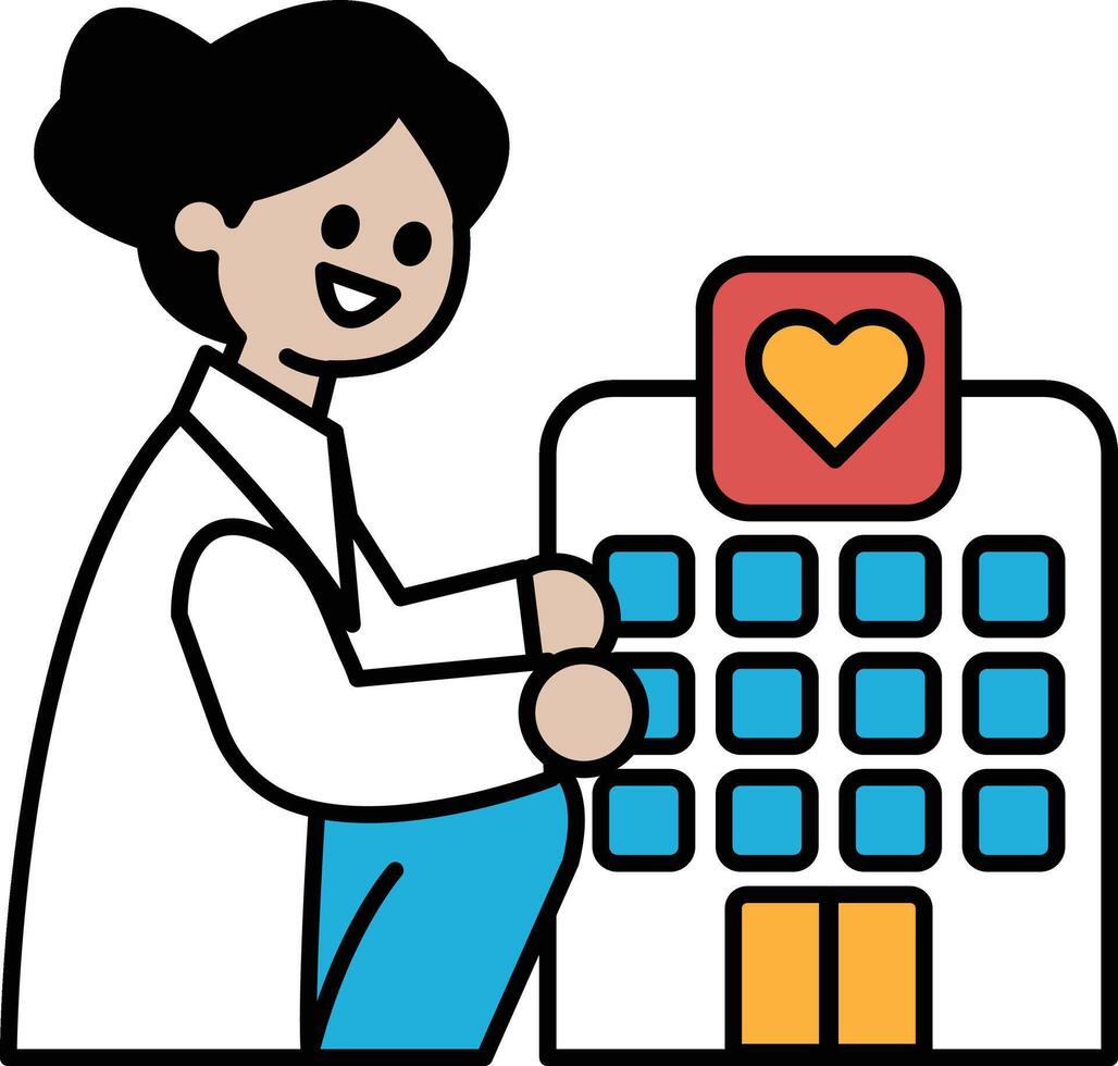 A woman in a white lab coat is holding a heart in front of a building vector