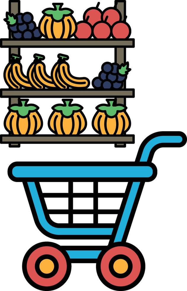 A blue shopping cart with a bunch of fruits and vegetables on the shelves vector