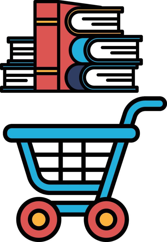 A blue shopping cart with books stacked on top of it vector