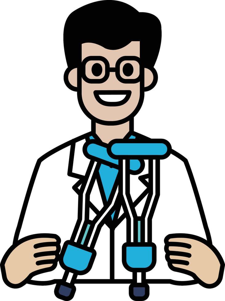 A cartoon man in a white lab coat holding two crutches vector