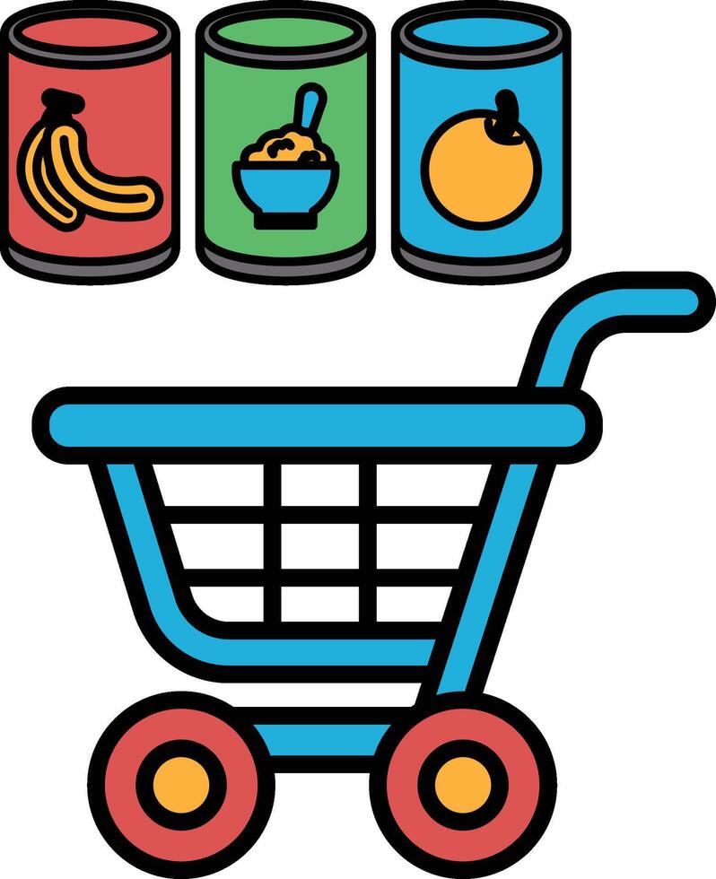 A blue shopping cart with a can of bananas, a can of orange juice vector