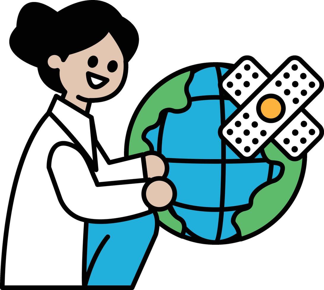 A woman is holding a globe and a box of bandages vector