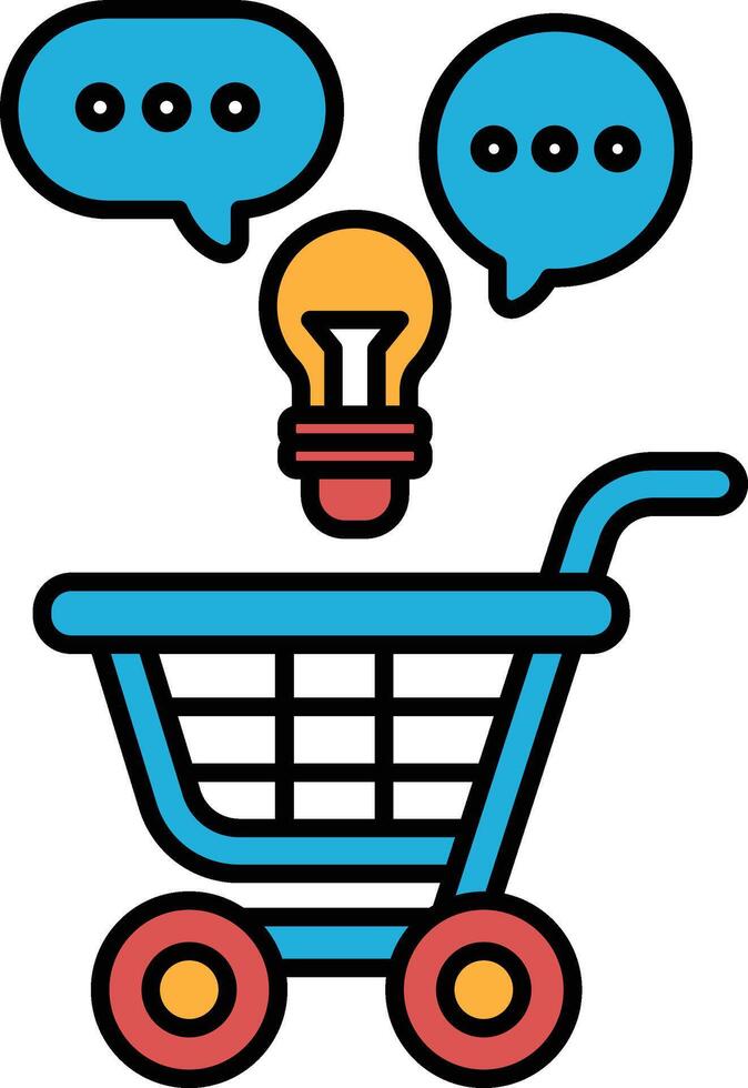 A blue shopping cart with a light bulb on top and two speech bubbles below it vector