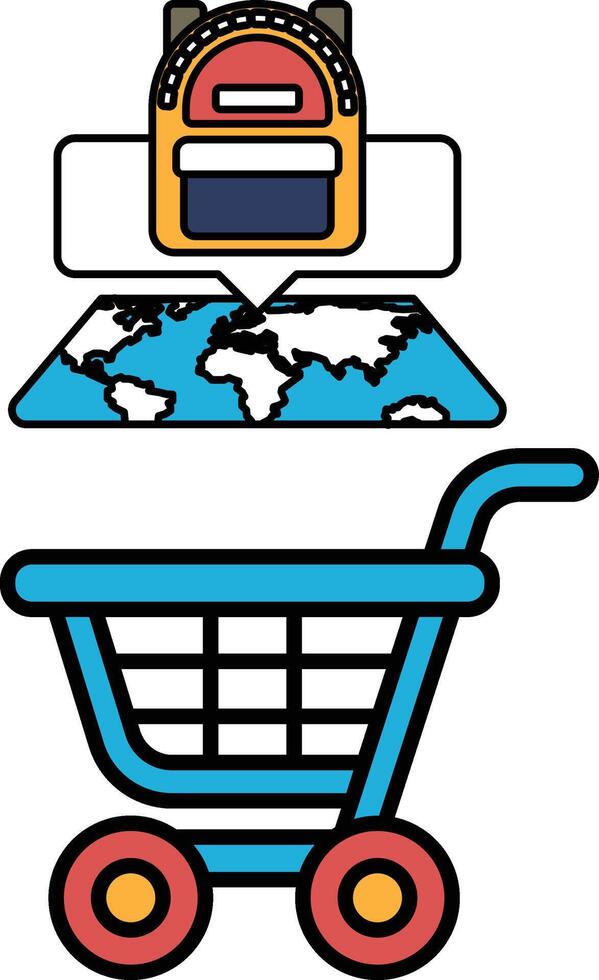 A blue shopping cart with a backpack on top of it vector
