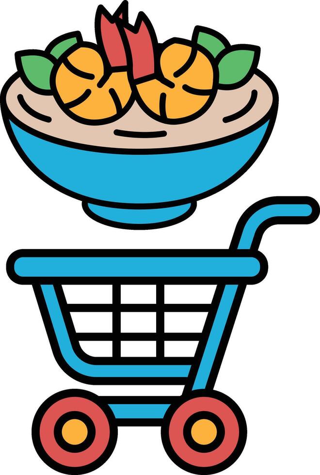 A blue shopping cart with a bowl of food on top of it vector
