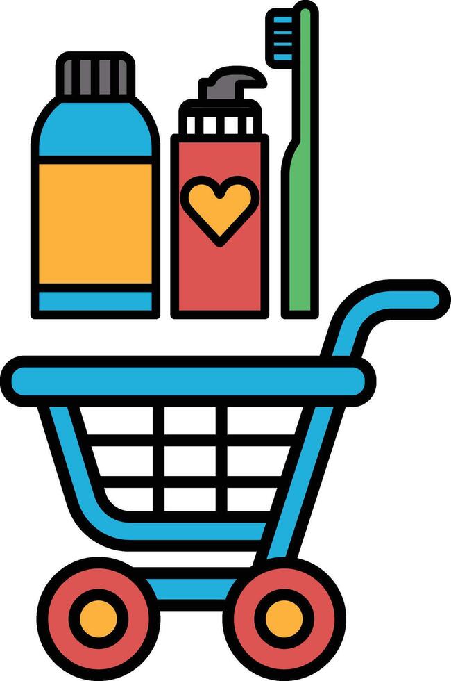 A blue shopping cart with a heart on it and a toothbrush and a bottle of shampoo vector
