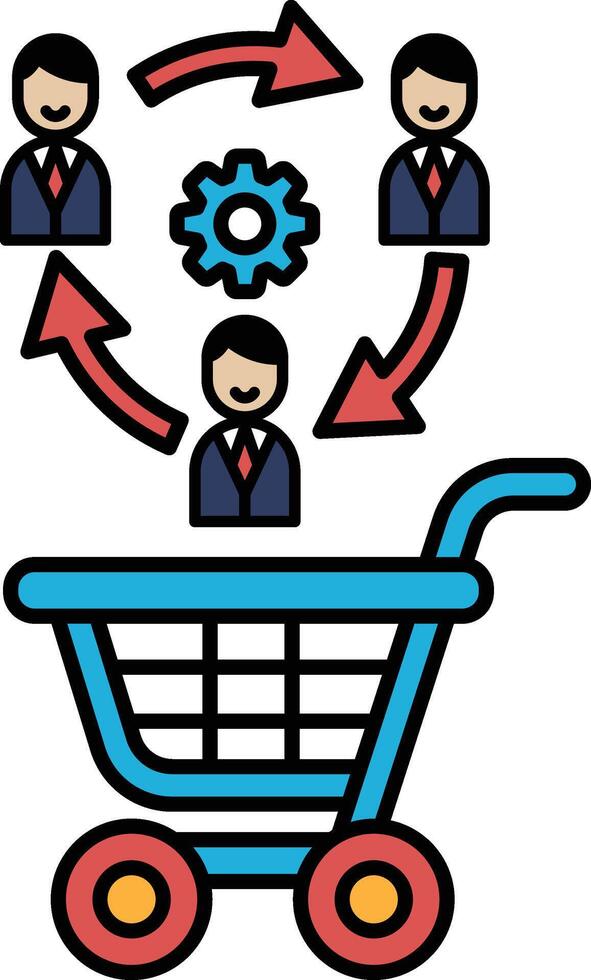 A blue shopping cart with three people on it and arrows pointing to it vector
