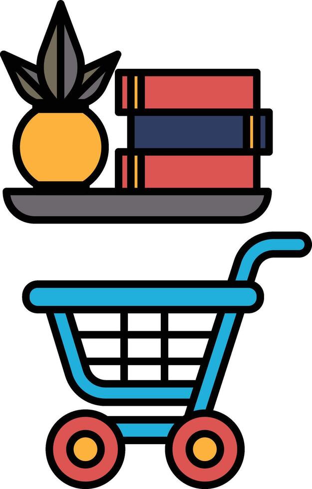 A blue shopping cart with a pineapple and books on it vector