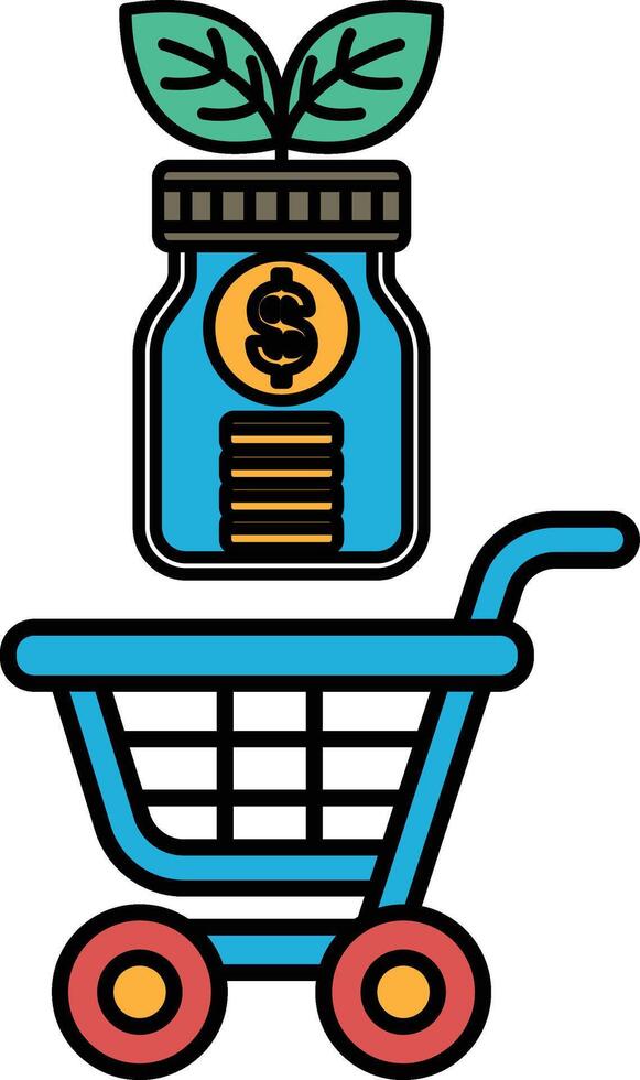 A blue shopping cart with a green plant and a dollar sign on it vector