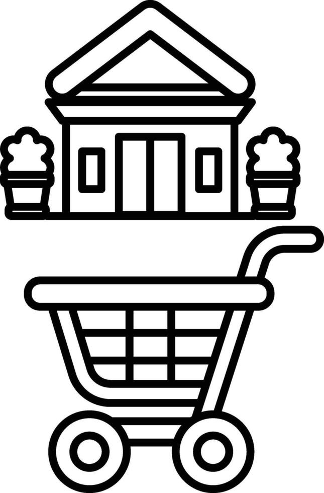 A black and white drawing of a shopping cart next to a building vector