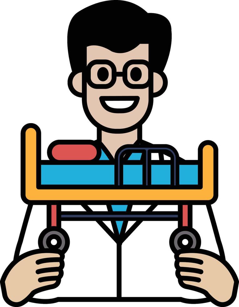 A man in a white lab coat is holding a hospital bed vector