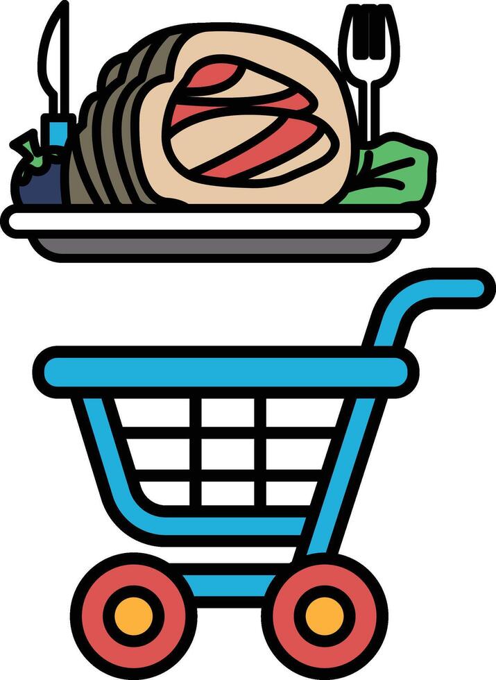 A cartoon of a shopping cart with a plate of food on top of it vector
