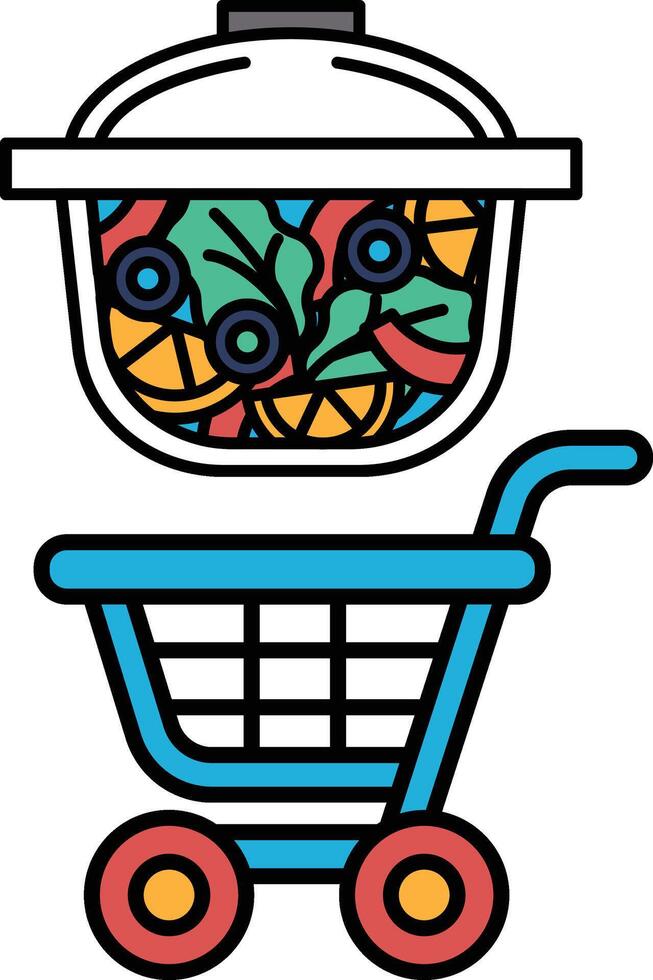 A blue shopping cart with a white lid and a white bowl of salad on top vector