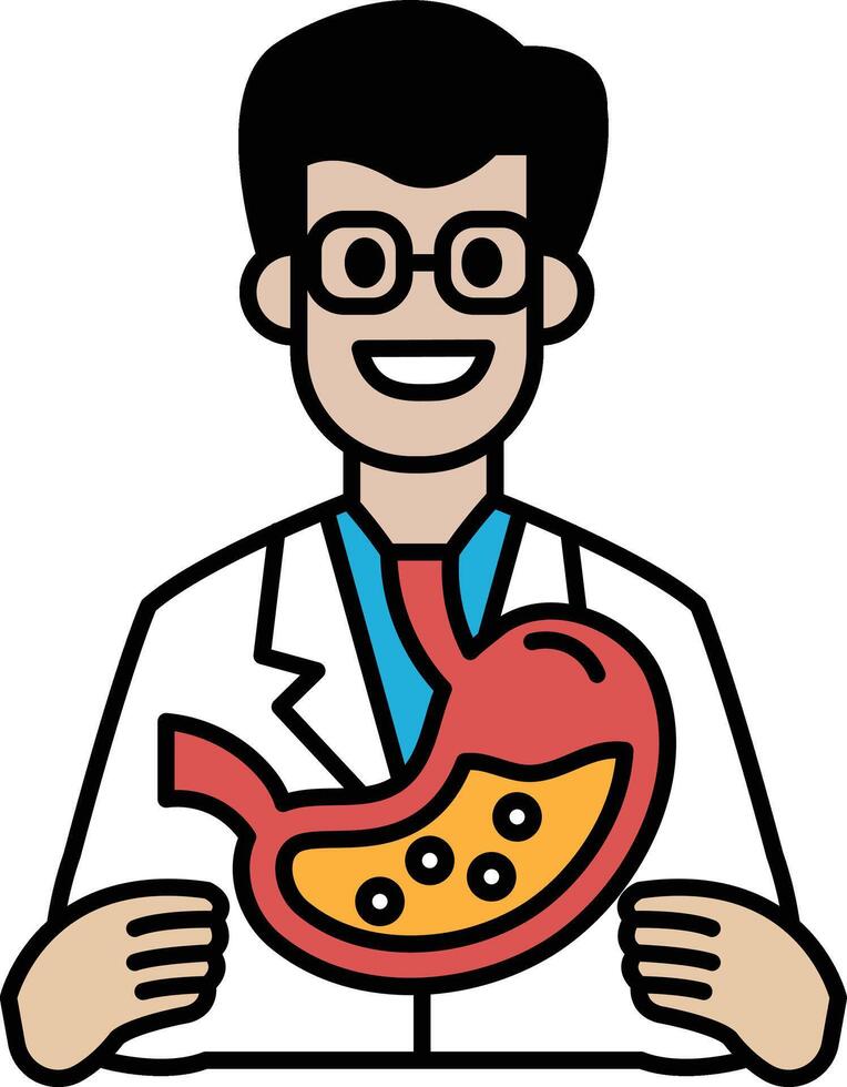 A man in a white lab coat holding a red stomach vector