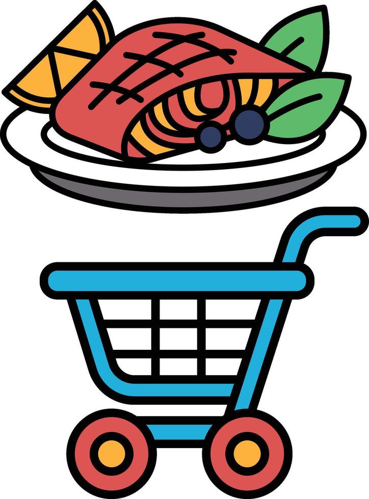 A cartoon of a blue shopping cart with a plate of food on top of it vector