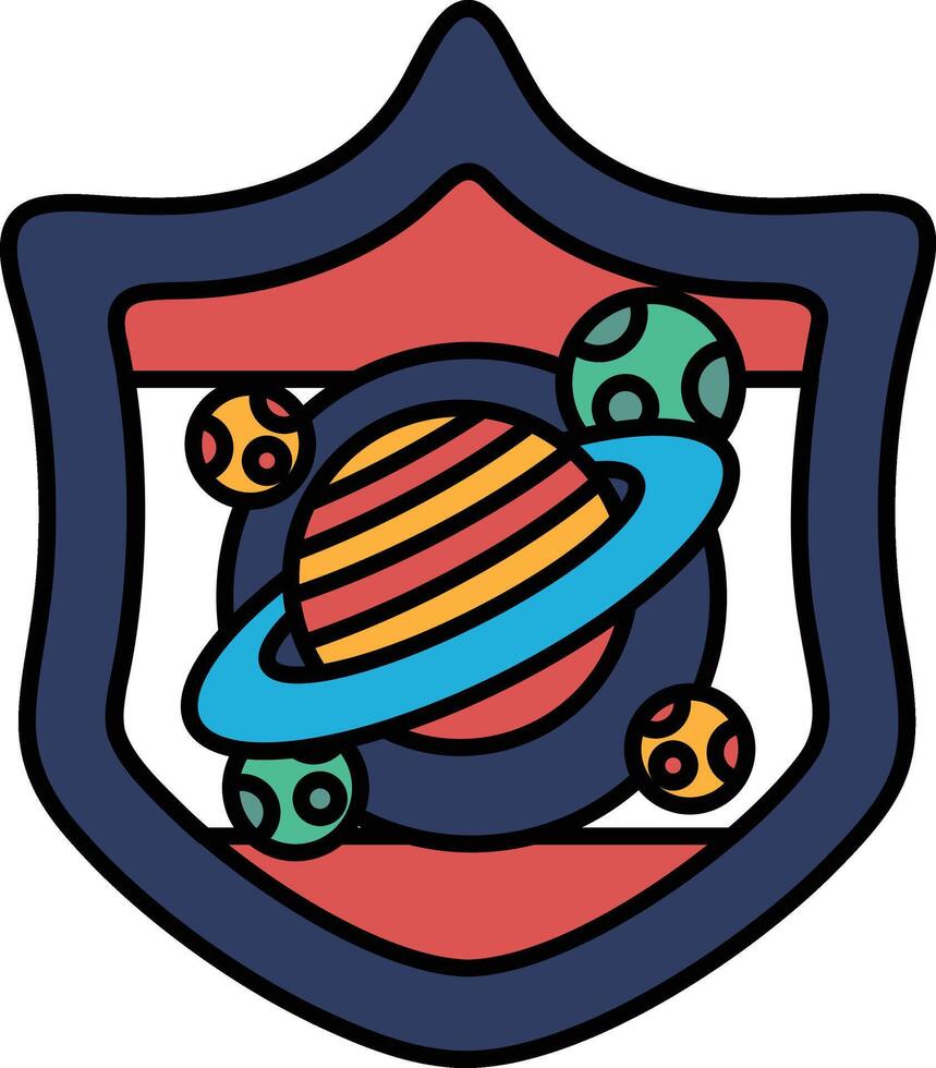 A colorful shield with a planet and a bunch of balls on it vector