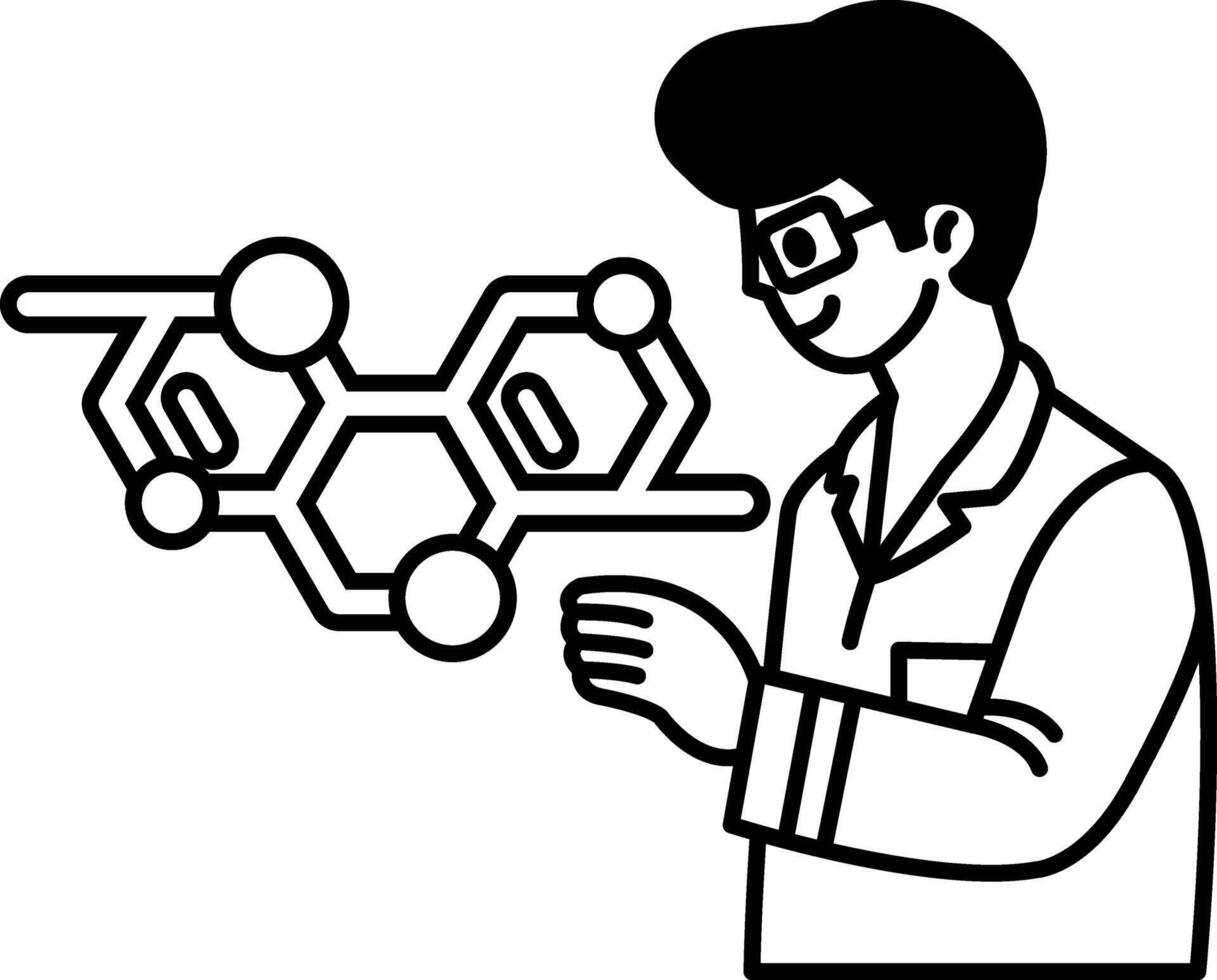 A man in a lab coat is holding a molecule in his hand vector