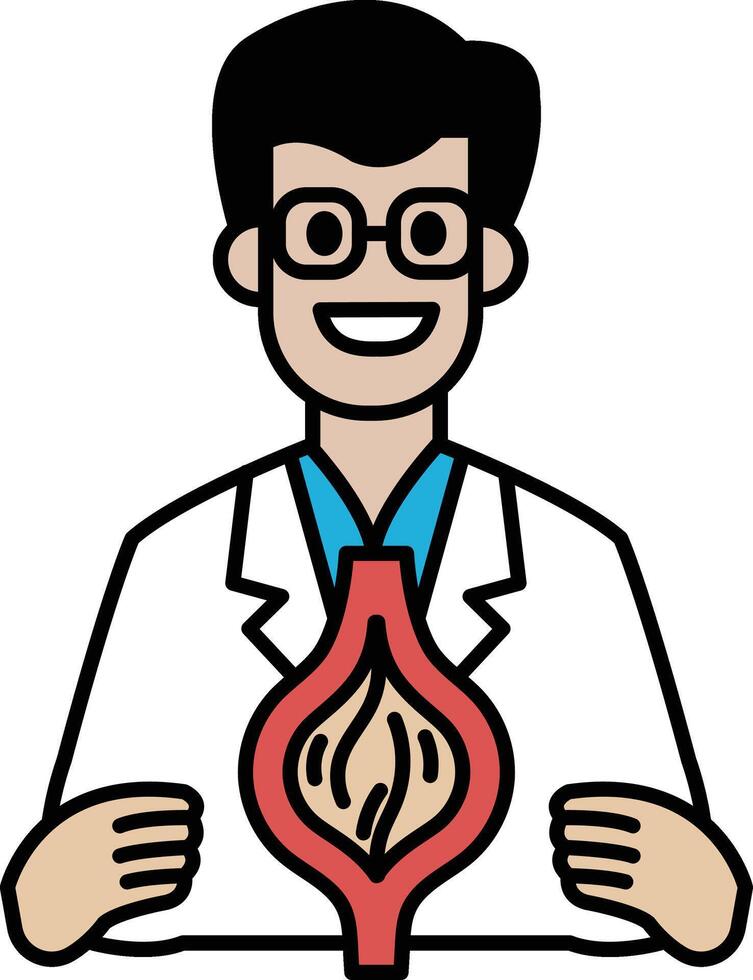A man in a white lab coat holding a model of a human body vector