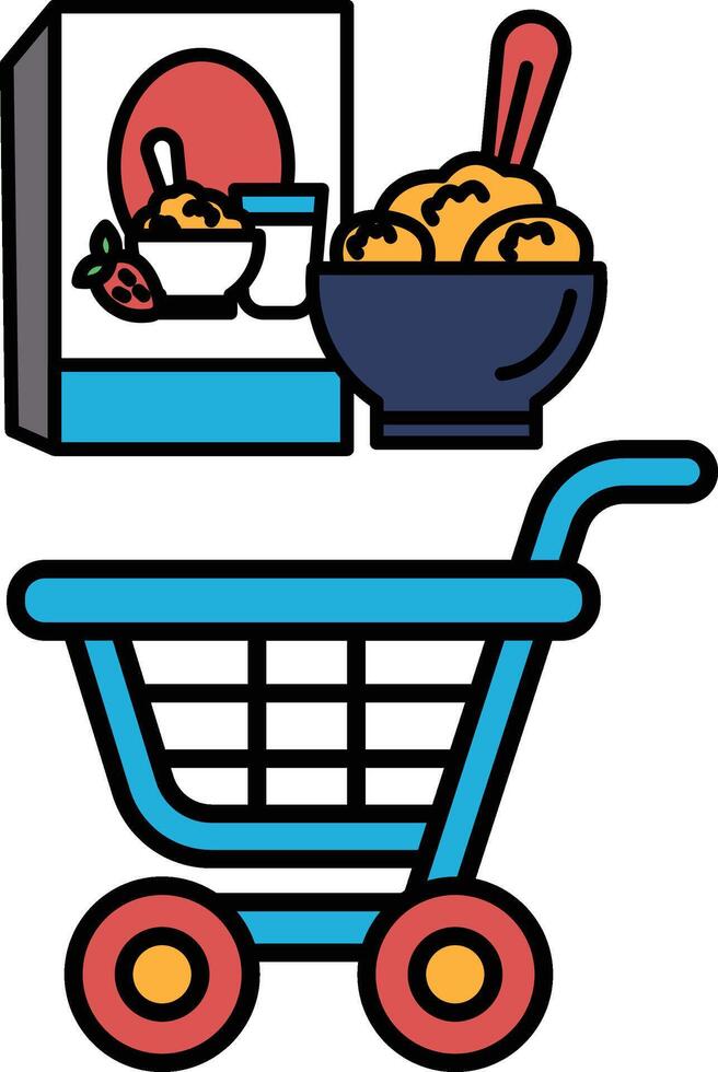 A cartoonish image of a blue shopping cart with a box of cereal vector