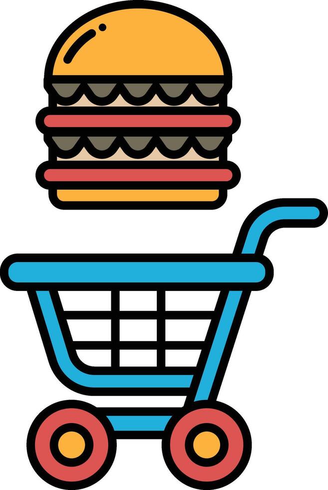A cartoon image of a shopping cart with a hamburger and a bun on top of it vector