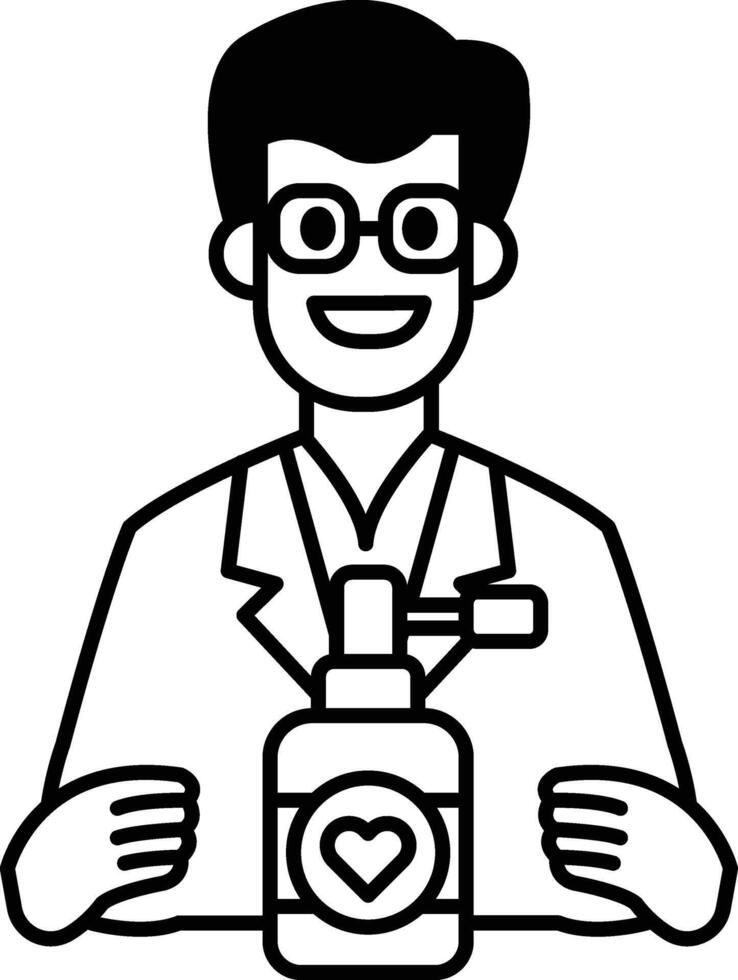 A man in a white lab coat holding a bottle of medicine vector