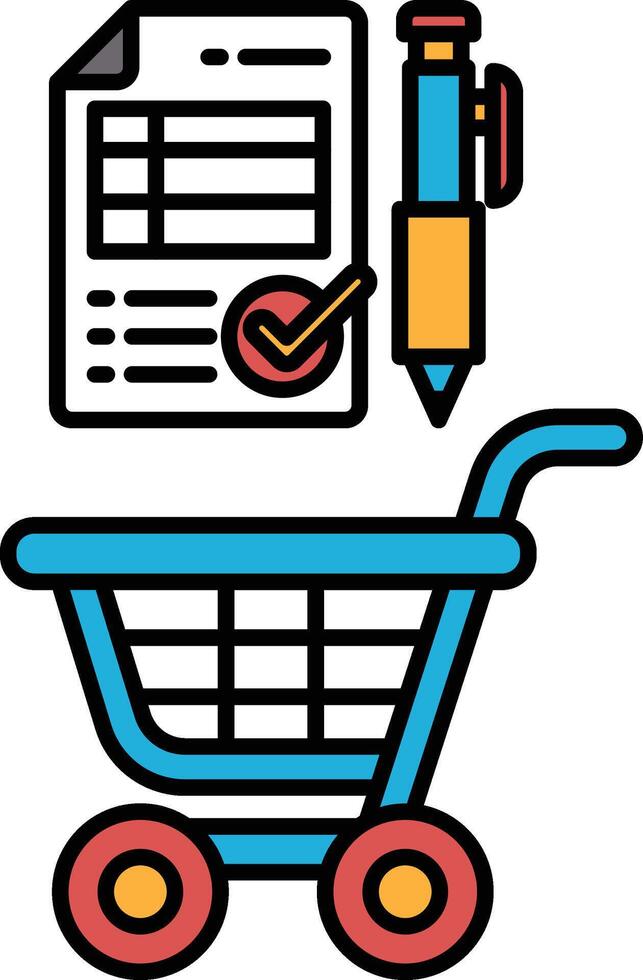 A shopping cart with a pen and a piece of paper with a check mark on it vector