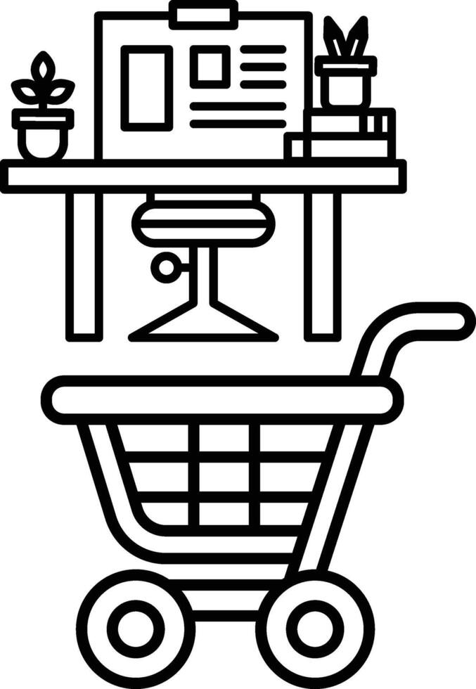 A black and white drawing of a shopping cart with a desk vector