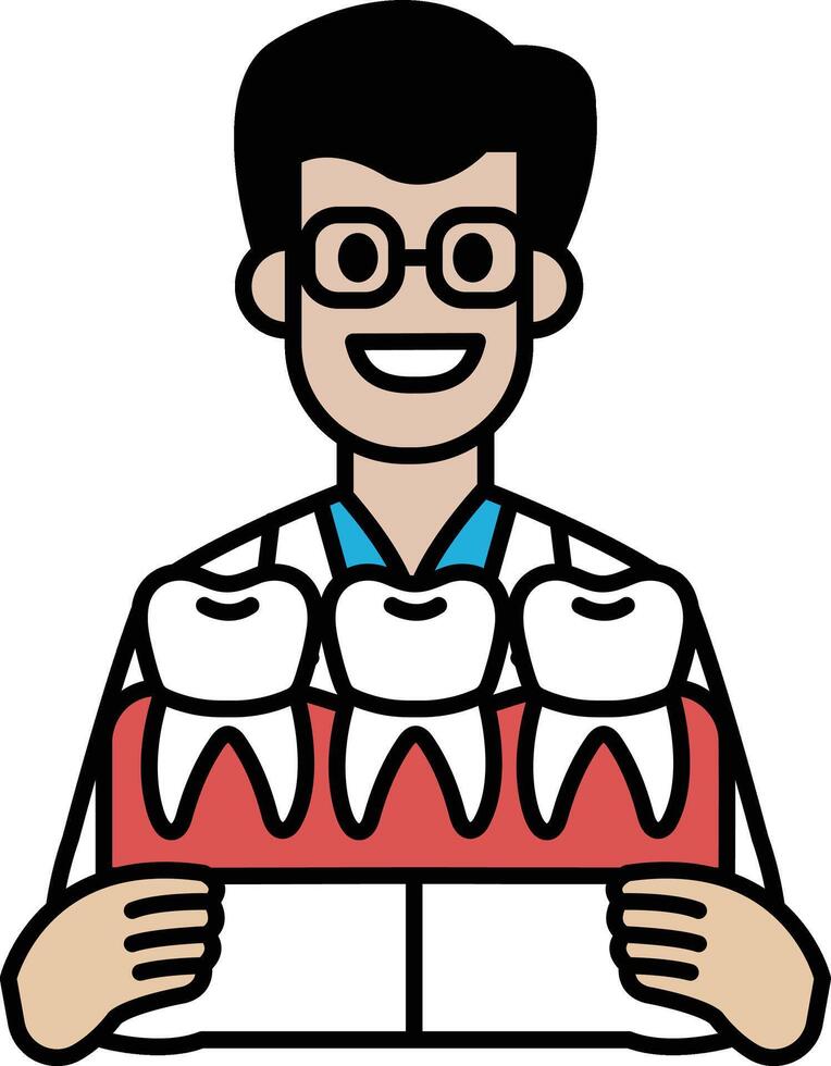 A man in a white lab coat holding a tray of teeth vector