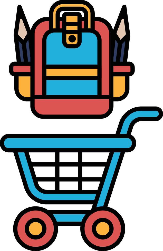 A blue shopping cart with a red handle and a blue bag on top of it vector