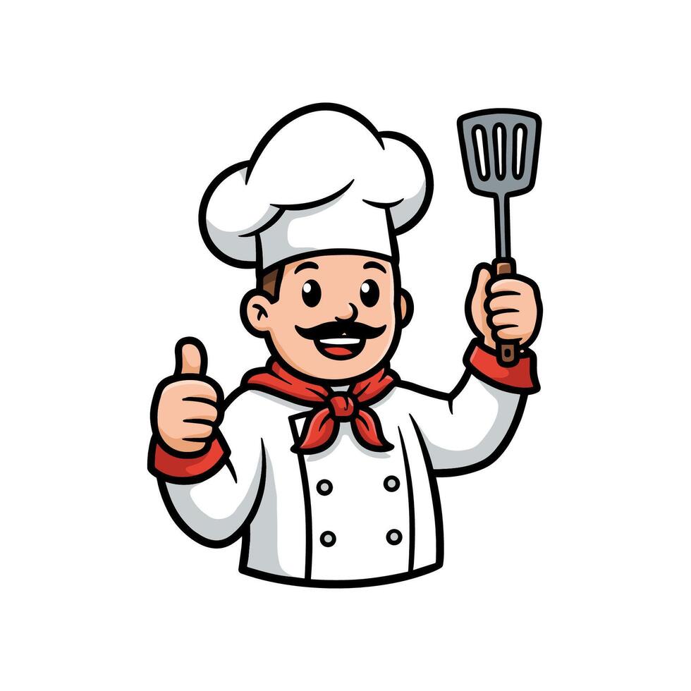 Happy chef cartoon character with thumbs up, smiling, and holding a spatula vector