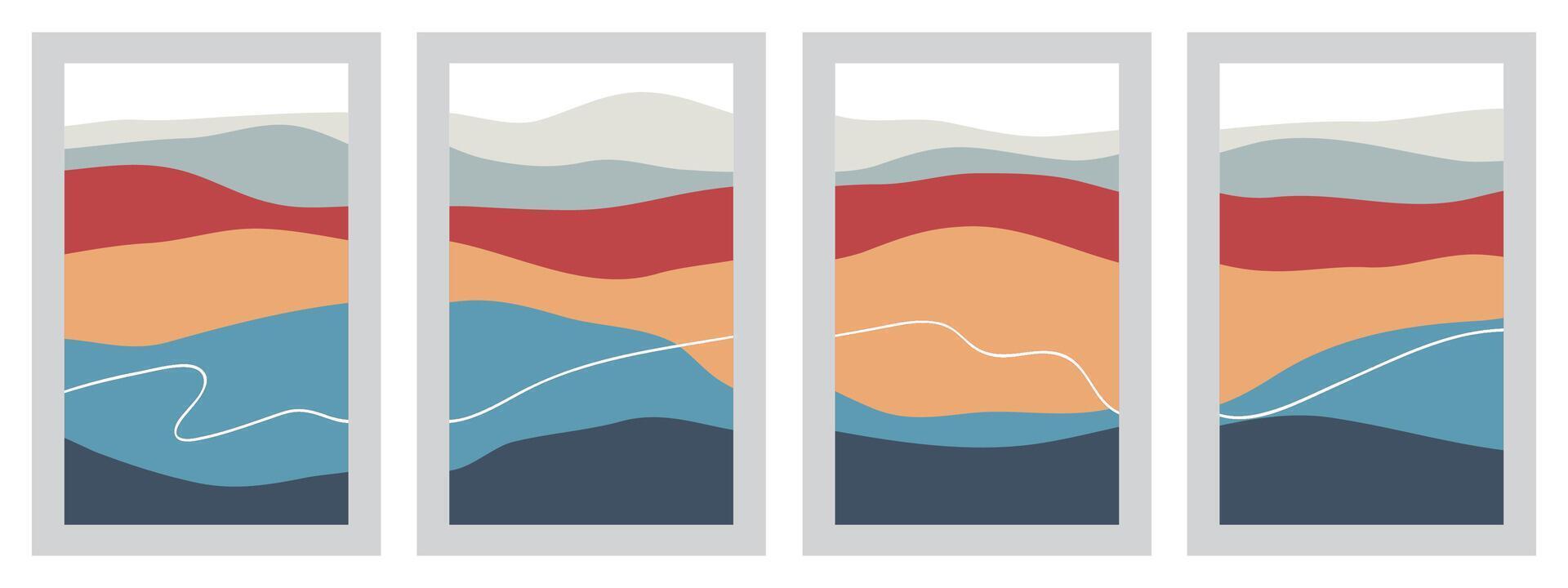 A set of creative abstract mountain landscapes and mountain backgrounds. Abstract modern mountain illustration with hand drawn mountains, sea or lake, sky, sun and moon. Trendy vector