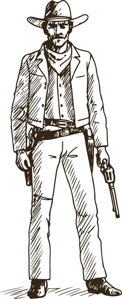 Standing Cowboy with Revolver Wild West Gunslinger Drawing vector