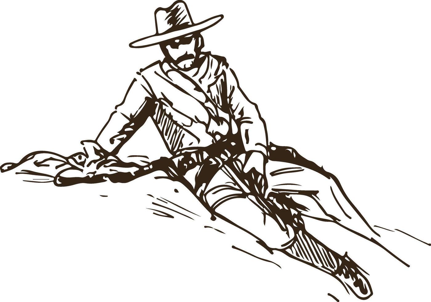 Western Cowboy Resting on Rock with Rifle Vintage Wild West Sketch vector