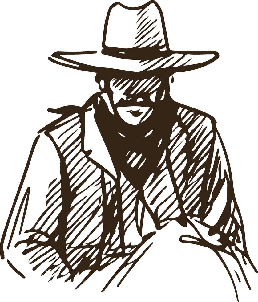 Western Cowboy Portrait with Hat and Bandana in Vintage Style Illustration vector