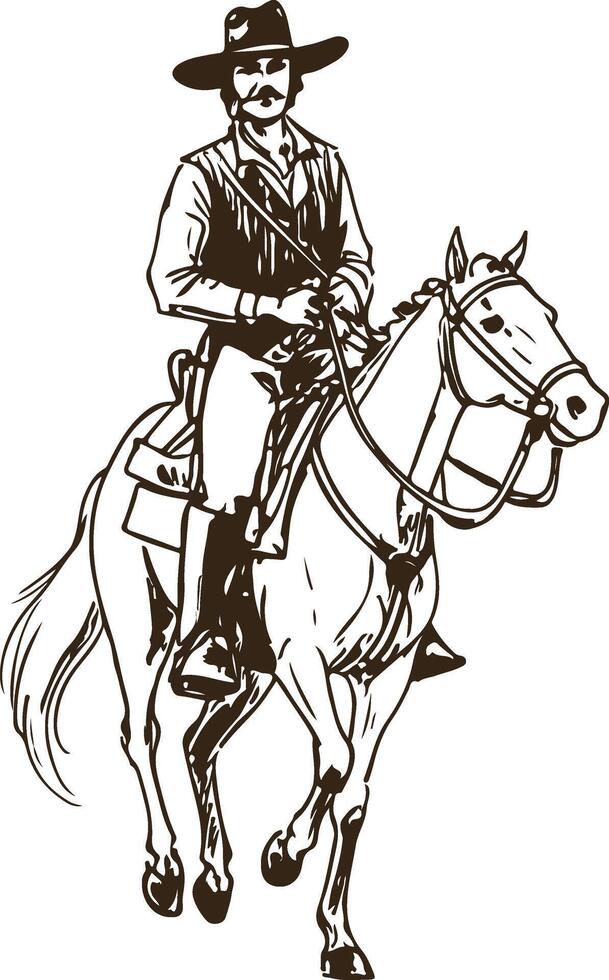 Cowboy in Sunset on Horseback with Lasso and Cacti Illustration vector