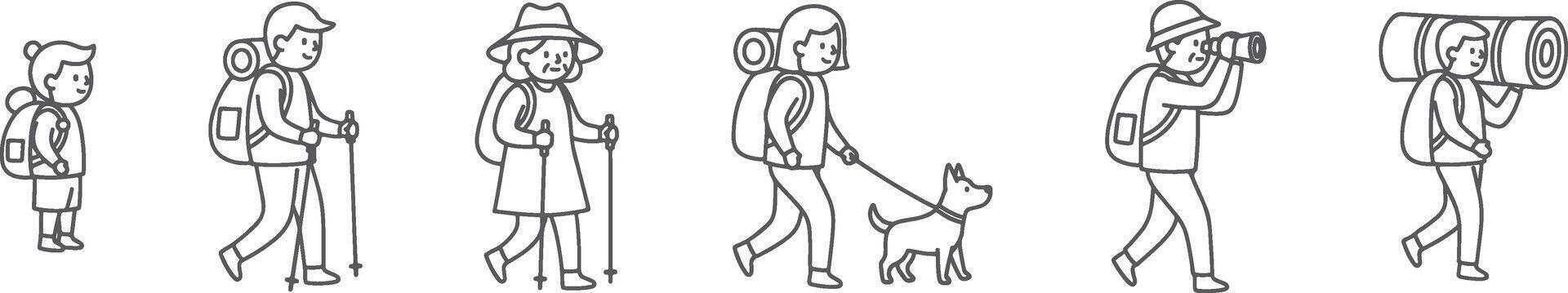 Hand drawn outline icons of hikers in various front facing or angled poses with backpacks walking hiking carrying gear trekking with dog and camera vector