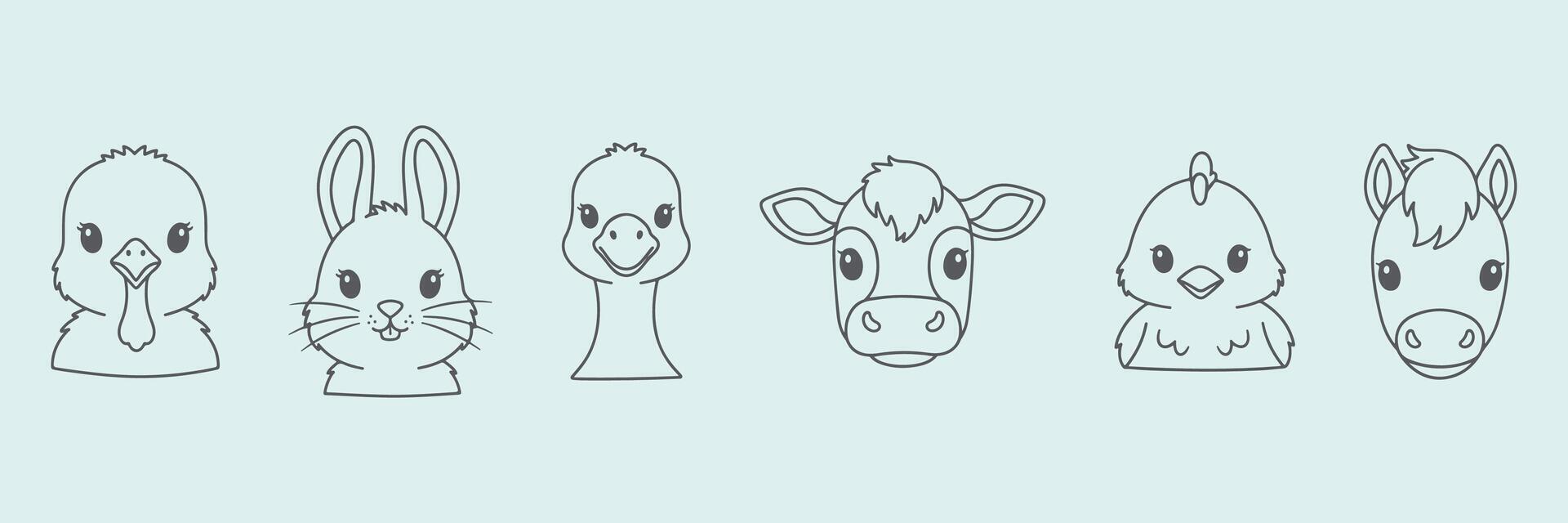 Cute Minimalist Icons of Baby Farm Animals Poult, Kit, Gosling, Calf, Chick, and Foal Hand-Drawn Line Art Collection vector