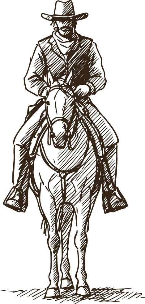 Cowboy on Horse Facing Forward Traditional Western Riding Sketch vector