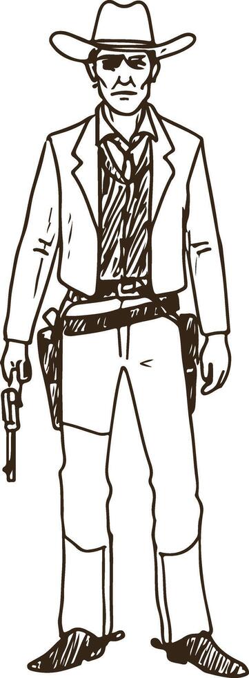 Classic Western Cowboy Standing in Front of Cactus at Sunset Illustration vector