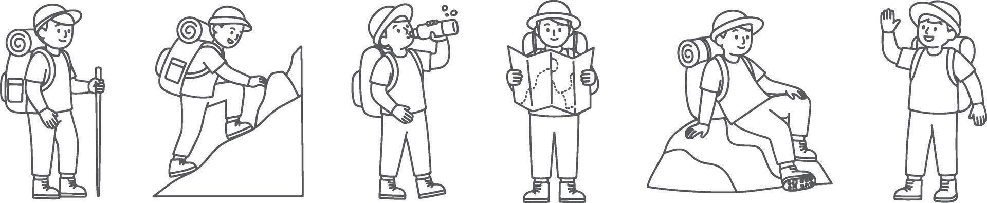 Essential hiking illustration set featuring hikers in various outdoor activities including standing with backpack and walking stick climbing a slope drinking water reading a map vector