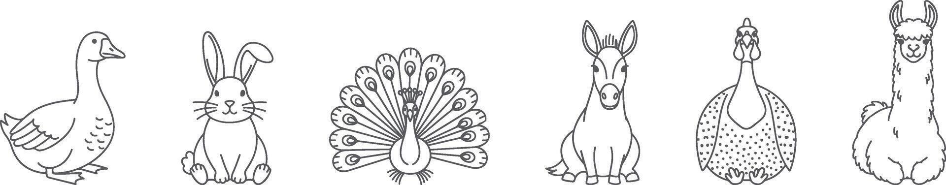 Minimal Farm and Exotic Animals Line Art Illustration Featuring Goose Rabbit Peacock Mule Guinea Fowl and Llama in Simple Cute Style for Farm Decor vector