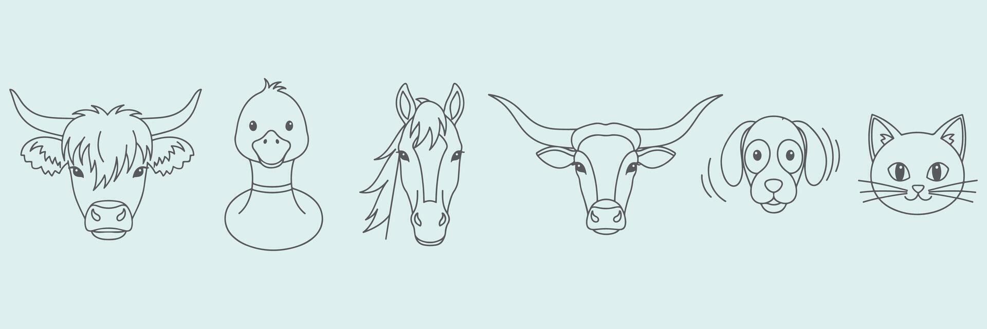 Hand drawn outline illustration of six farm animal heads including highland cow, duck, horse, longhorn cow, dog, and cat for rustic, agricultural, pet, or childrens themed graphic design projects vector