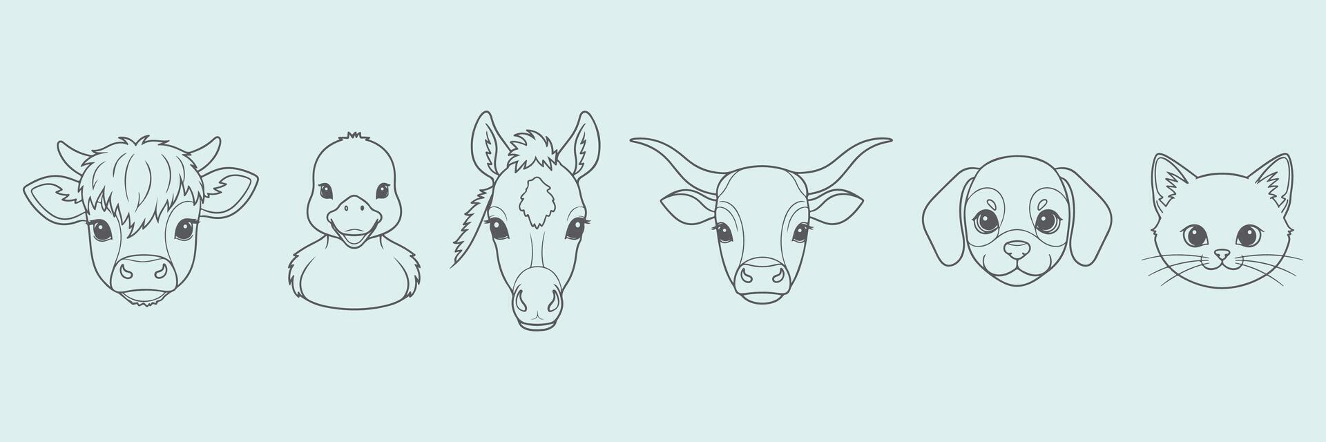 Minimalist Hand-Drawn Baby Farm Animal Face Icons Calf, Duckling, Foal, Puppy, Kitten Cute Set in Continuous Line Art Style vector