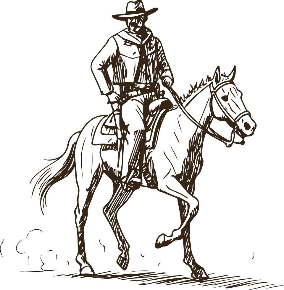 Wild West Cowboy on Horse with Raised Revolver Vintage Hand Drawn vector