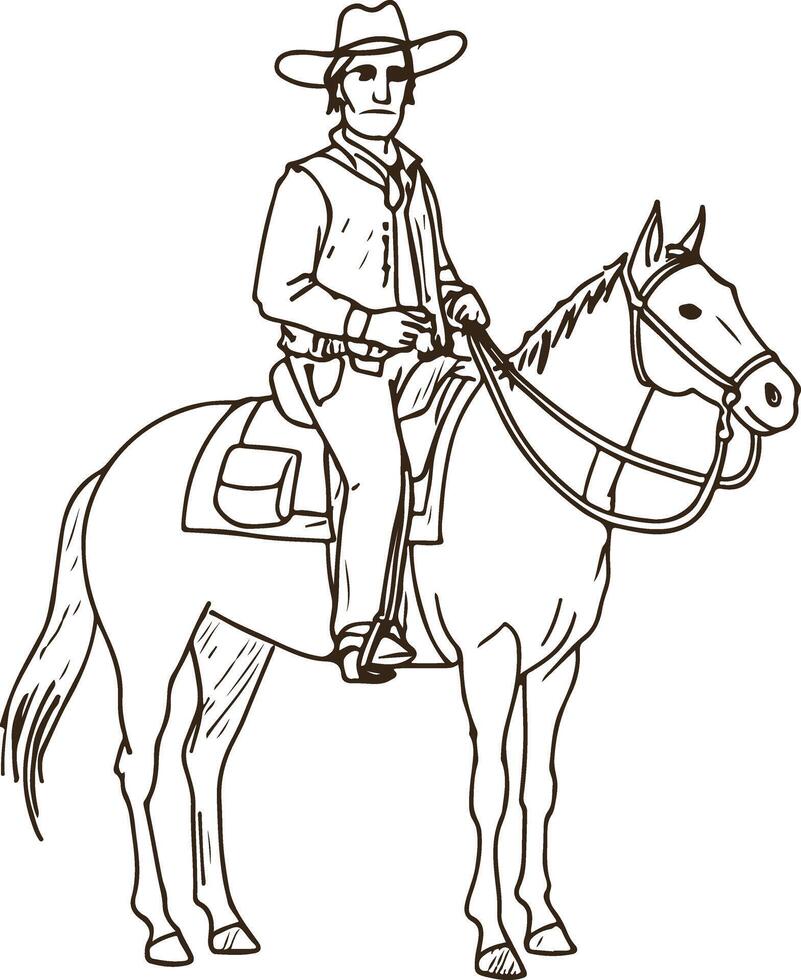 Western Cowboy with Horse and Desert Cactus at Dusk Illustration vector