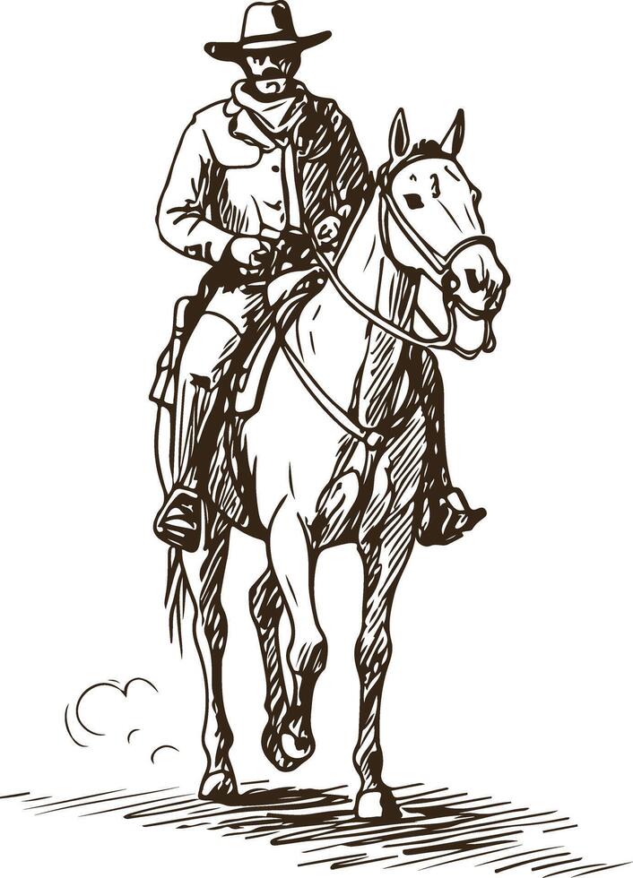 Hand Drawn Cowboy on Horse Riding Forward with Vintage Western Style vector