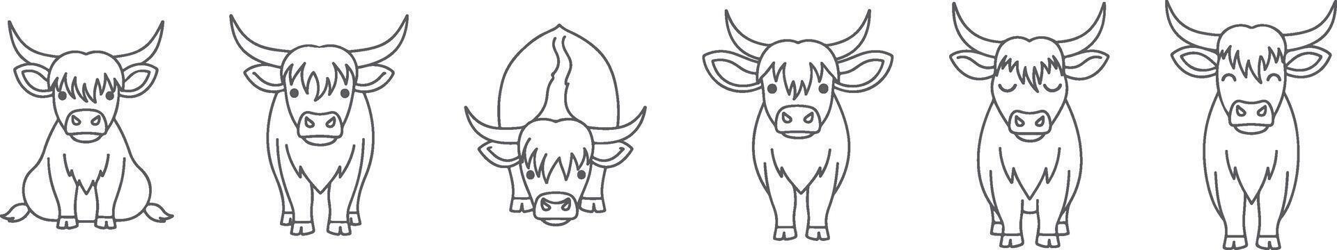 Hand Drawn Outline Icons of Highland Cow in Diverse Poses, Rustic Farm Animal Illustrations, Scottish Cattle Line Art, Vintage Style Highland Cows, Minimalist Animal Sketches for Logos and Branding vector