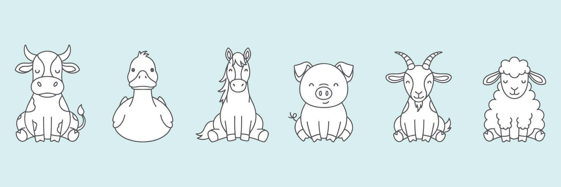 Minimal Farm Animal Line Art Illustration Featuring Cow Duck Horse Goat Pig and Sheep in Cute Simplified Style Perfect for Agricultural Projects Farm Branding vector